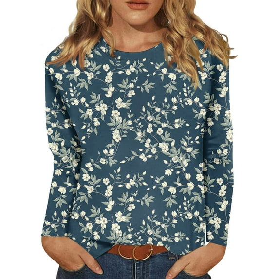 BDPORKAS Petite Tops for Women Long Sleeve Cotton Shirts for Women Round Neck Long Sleeve Tops for Women Floral Blouses Tunic Tops for Women
