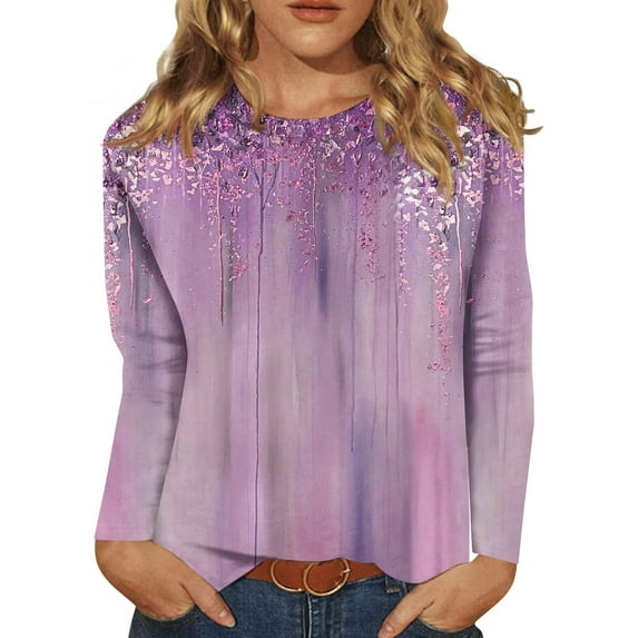 BDPORKAS Petite Tops for Women Long Sleeve Cotton Shirts for Women Round Neck Long Sleeve Tops for Women Floral Blouses Tunic Tops for Women