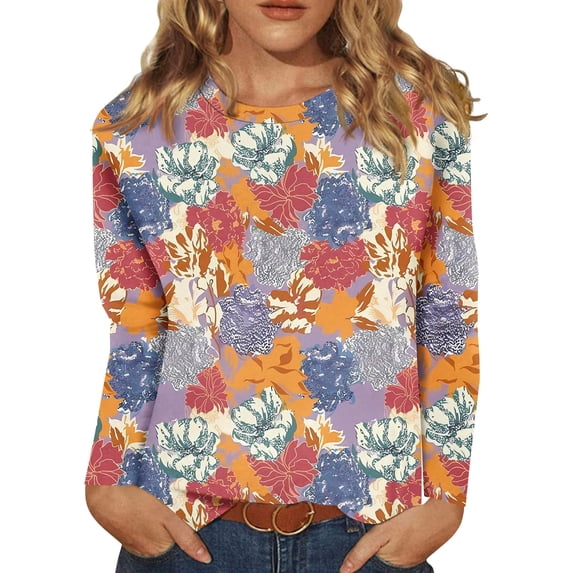 BDPORKAS Petite Tops for Women Long Sleeve Cotton Shirts for Women Round Neck Long Sleeve Tops for Women Floral Blouses Tunic Tops for Women