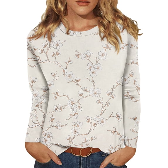 BDPORKAS Petite Tops for Women Long Sleeve Cotton Shirts for Women Round Neck Long Sleeve Tops for Women Floral Blouses Tunic Tops for Women