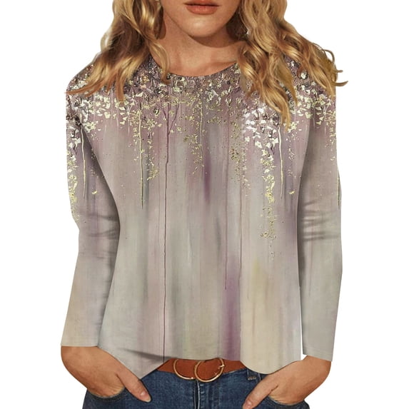 BDPORKAS Petite Tops for Women Long Sleeve Cotton Shirts for Women Round Neck Long Sleeve Tops for Women Floral Blouses Tunic Tops for Women