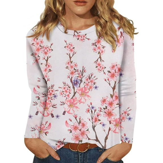 BDPORKAS Petite Tops for Women Long Sleeve Cotton Shirts for Women Round Neck Long Sleeve Tops for Women Floral Blouses Tunic Tops for Women