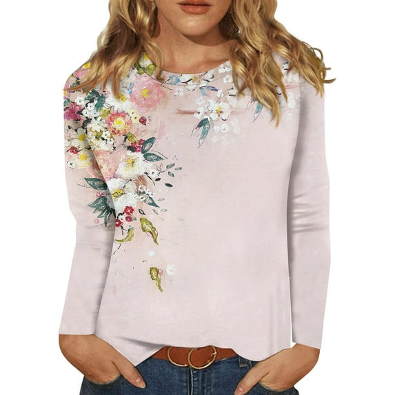 BDPORKAS Petite Tops for Women Long Sleeve Cotton Shirts for Women Round Neck Long Sleeve Tops for Women Floral Blouses Tunic Tops for Women