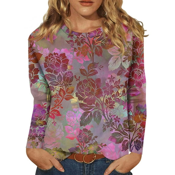BDPORKAS Petite Tops for Women Long Sleeve Cotton Shirts for Women Round Neck Long Sleeve Tops for Women Floral Blouses Tunic Tops for Women