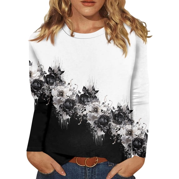 BDPORKAS Petite Tops for Women Long Sleeve Cotton Shirts for Women Round Neck Long Sleeve Tops for Women Floral Blouses Tunic Tops for Women