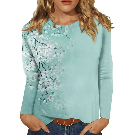 BDPORKAS Petite Tops for Women Long Sleeve Cotton Shirts for Women Round Neck Long Sleeve Tops for Women Floral Blouses Tunic Tops for Women