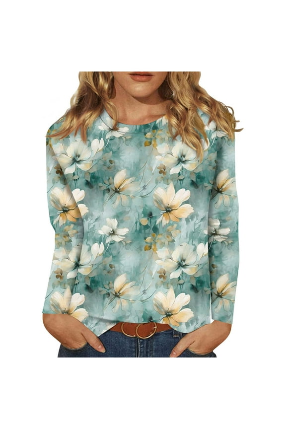 Petite Tops for Women Long Sleeve Cotton Shirts for Women Round Neck Long Sleeve Tops for Women Floral Blouses Tunic Tops for Women