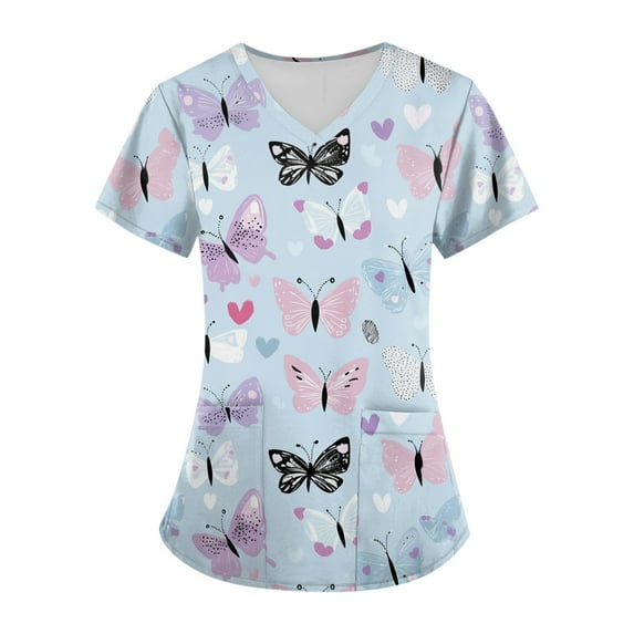 BDPORKAS Plus Size Scrubs for Women Nurse Uniforms Stretch Short Sleeve with Pockets Nurse Scrubs Characters Animal Printing Holiday Shirts