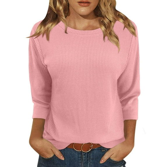 BDPORKAS Plus Size Tops For Women Dressy Knitted Crew Neck Oversized Tshirts 3/4 Length Sleeve Womens Tops Casual Trendy Going Out Outfits
