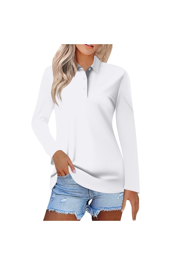 Polo Shirts for Women Long Sleeve Fall Tops Button V Neck Business Casual Work Shirts Dressy Blouses