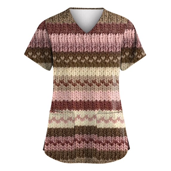 BDPORKAS Print Scrub Tops Women Summer Casual Nurse Working Uniform V Neck Fashion Graphic Printed Easy Care Medical Scrubs Workwear with Pockets