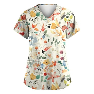 BDPORKAS Print Scrub Tops Women Summer Casual Nurse Working Uniform V Neck Fashion Graphic Printed Medical Workwear with Pockets