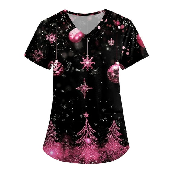 BDPORKAS Scrub Tops Women Cute Christmas Print Petite Comfort Fit Short Sleeve V Neck Blouse T-Shirts Nursing Uniforms Shirts Medical Scrubs for Women Workwear