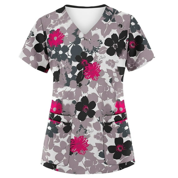 BDPORKAS Under Scrub Tops for Women Cute Floral Print Petite Comfort Fit Short Sleeve V Neck Blouse Tee Top Nursing Uniforms Shirts Women Medical Uniforms & Scrubs Workwear
