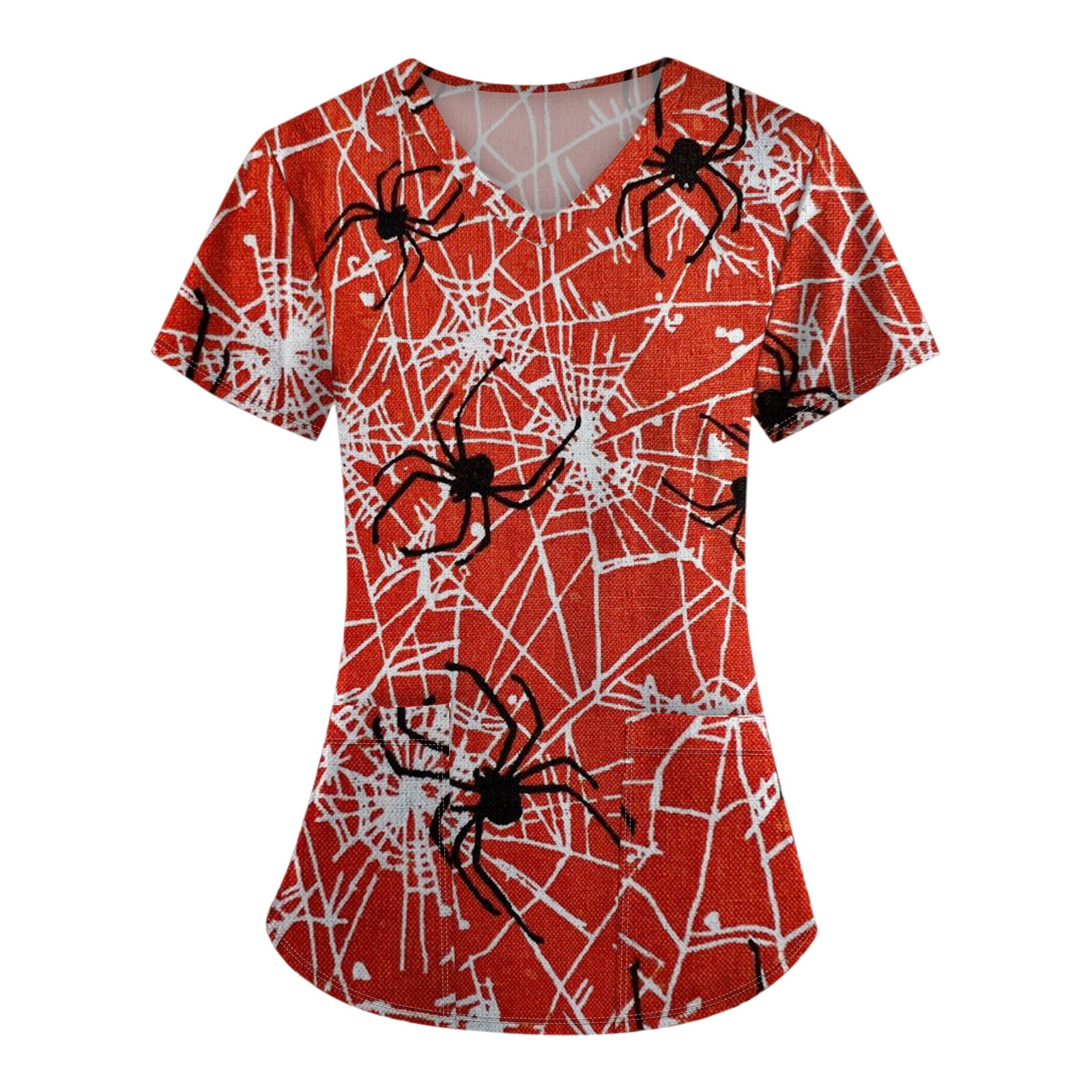 BDPORKAS Scrub Tops Women Halloween Pumpkin Ghost Print Uniforms Nurse