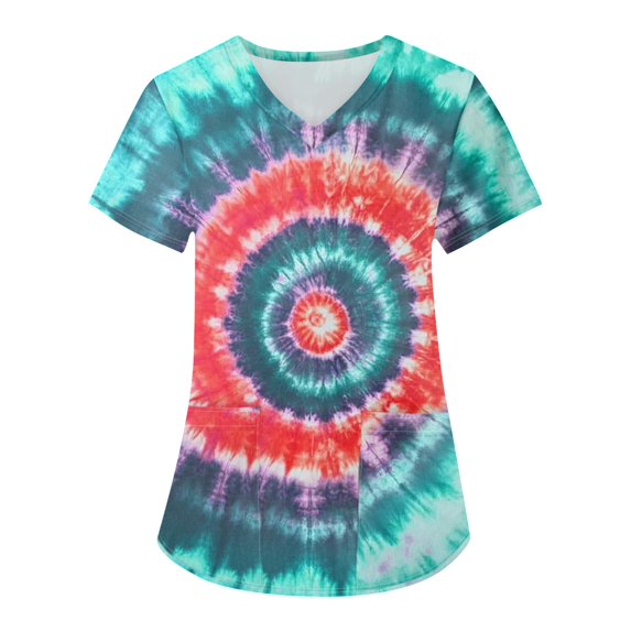 BDPORKAS Scrub Tops Women Nurse Uniforms Lightweight Short Sleeve with Pocket Nursing Scrub Trendy Tie Dye Printing Comfortable Fit Nursing Blouse T-Shirt