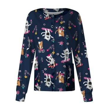 FrzhBrz Scrub Tops Women Snap Front Long Sleeve Scrub Jackets for Women Cute Printed Medical Scrubs Nurse Shirt Working Uniform