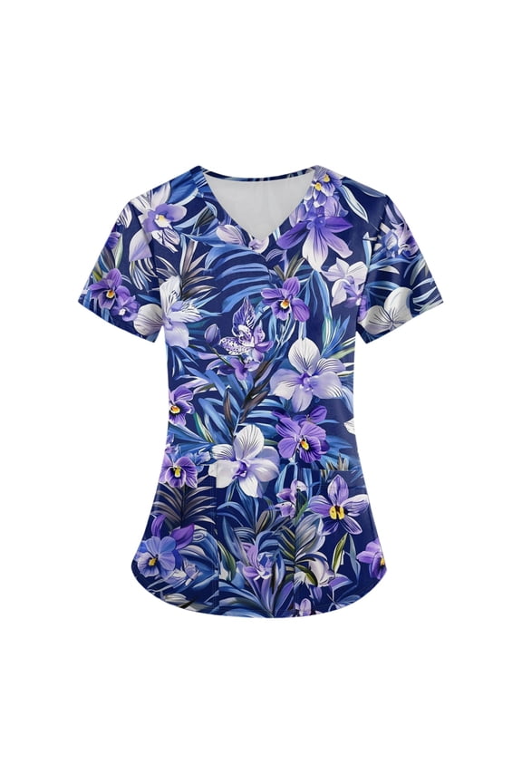 Scrub Tops Women Working Tops Stretch Short Sleeve V Neck Scrubs Elegant Print Comfortable Fit Tee with Pocket