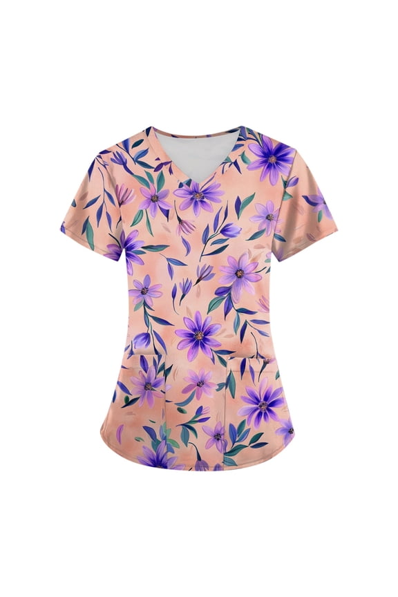 Scrub Tops Women Working Uniform Lightweight Short Sleeve V Neck Scrubs Characters Cartoon Cute Comfortable Fit Tee with Pockets