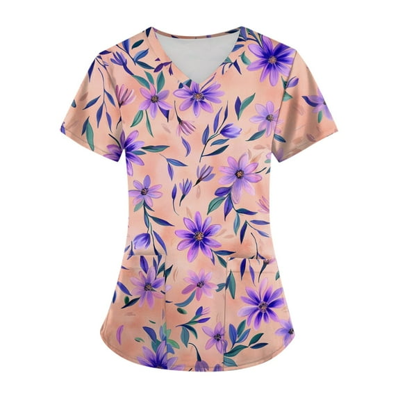 BDPORKAS Scrub Tops Women Working Uniform Lightweight Short Sleeve V Neck Scrubs Characters Cartoon Cute Comfortable Fit Tee with Pockets