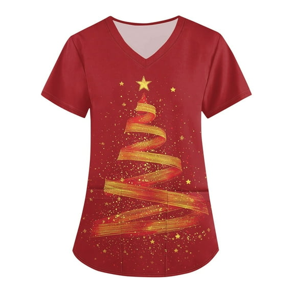 BDPORKAS Scrub Tops for Women Trendy Printed Graphic Christmas V Neck T Shirts for Women