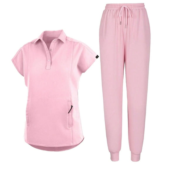 BDPORKAS Scrubs for Women Set Nurse Uniform Solid Color Short Sleeve Lapel Collar Scrub Top and Jogger Pants with Pockets Pink M