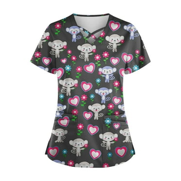 BDPORKAS Scrubs Tops for Women Medical Workwear V Neck Valentine's Day Heart Print Working Nurse Uniforms Stretch Breathable Nursing Short Sleeve Tee Tops with Pockets