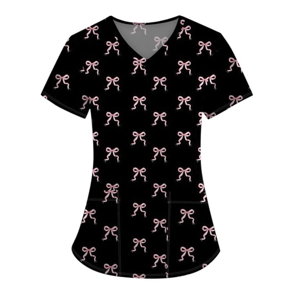 BDPORKAS Scrubs Tops for Women Valentine's Day Scrub Nursing Shirts for Women Stretchy Breathable Pink Bow Print Short Sleeve V Neck Blouses Tee Tops