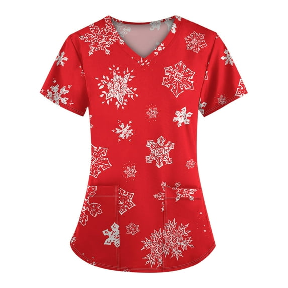 BDPORKAS Scrubs for Women Christmas Nursing Uniform V-Neck Shirts Christmas Tree Snowflake Print Scrub Holiday Workwear