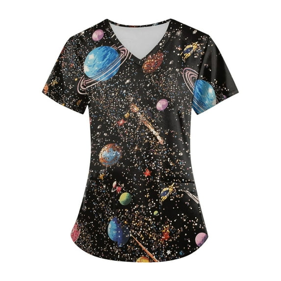 BDPORKAS Scrubs for Women Cute Cartoon Printed Working Tops Breathable V Neck Short Sleeve Comfy Loose Tunic Working Tshirts with Pocket