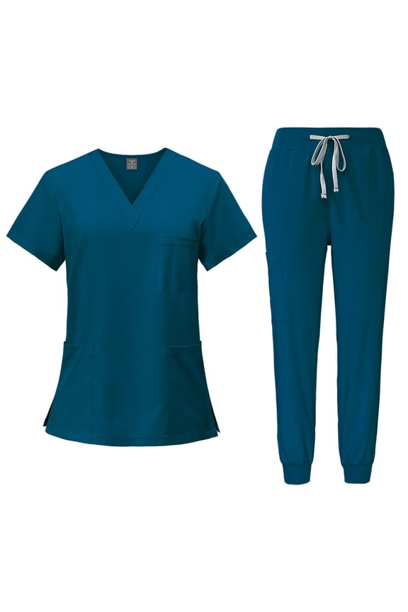 Scrubs for Women Scrub Set - Slim Fit Jogger Pant and Tuck-In V-Neck Top, Multi Pockets, Easy Care Nursing Uniform