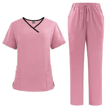 BDPORKAS Scrubs for Women Set Casual Nursing Uniform Scrub Set Short-Sleeved V-Neck Solid Color 2 Pieces Working Outfits with Pocket
