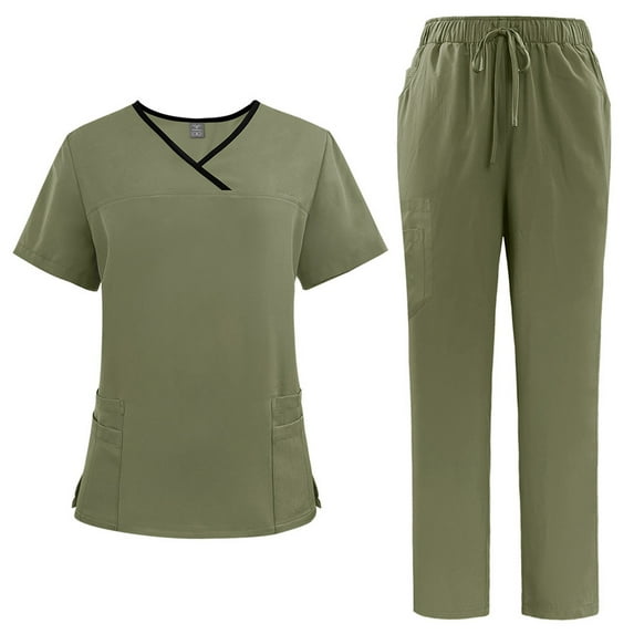 BDPORKAS Scrubs for Women Set Casual Nursing Uniform Scrub Set Short-Sleeved V-Neck Solid Color 2 Pieces Working Outfits with Pocket