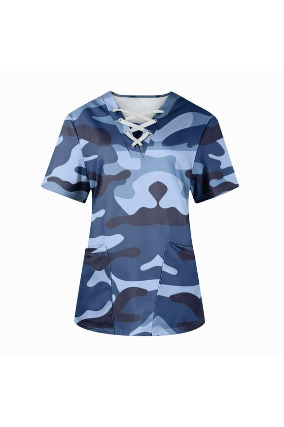 Scrubs for Women Tops Summer Casual Nurse Working Uniform Cross V Neck Graphic Camo Print Short Sleeve Blouse T-Shirts Workwear with Pockets