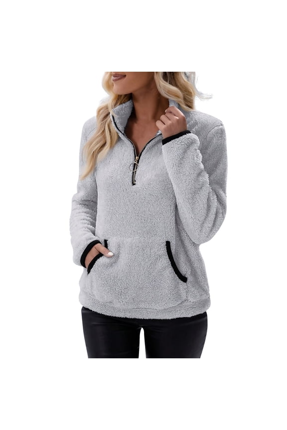 Sherpa Quarter Zip Pullover Women Fleece Long Sleeve Sweatshirts Soft Comfy Fluffy Jackets Sweaters Winter Clothes Gray L