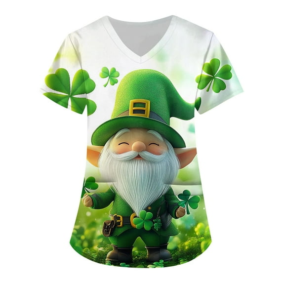 BDPORKAS St. Patrick's Day Scrub Tops Women Vneck Short Sleeve Shamrock Printed Nurses Working Uniforms Pocketed Holiday Tshirt