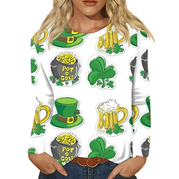 BDPORKAS St Patrick's Day Shirts for Women Lucky Irish Shamrock Long Sleeve Paddy's Day T-Shirts Graphic Tees Tops