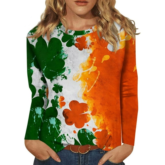 BDPORKAS St Patricks Day Shirt Women Lucky Irish Shamrock Long Sleeve Paddy's Day T-Shirts Graphic Tees Cute Tops