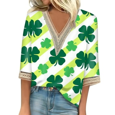 BDPORKAS St Patricks Day Shirt Women Spring Lace Trim 3/4 Sleeve Tunic Tops Graphic Funny Shamrock Printed St. Patrick's Day V Neck Casual Tee Tops