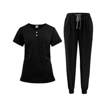 BDPORKAS Stretch Scrubs for Women V Neck Short Sleeve Top and Drawstring Pant Medical Scrub Sets Classic Pocket Easy Care Uniform