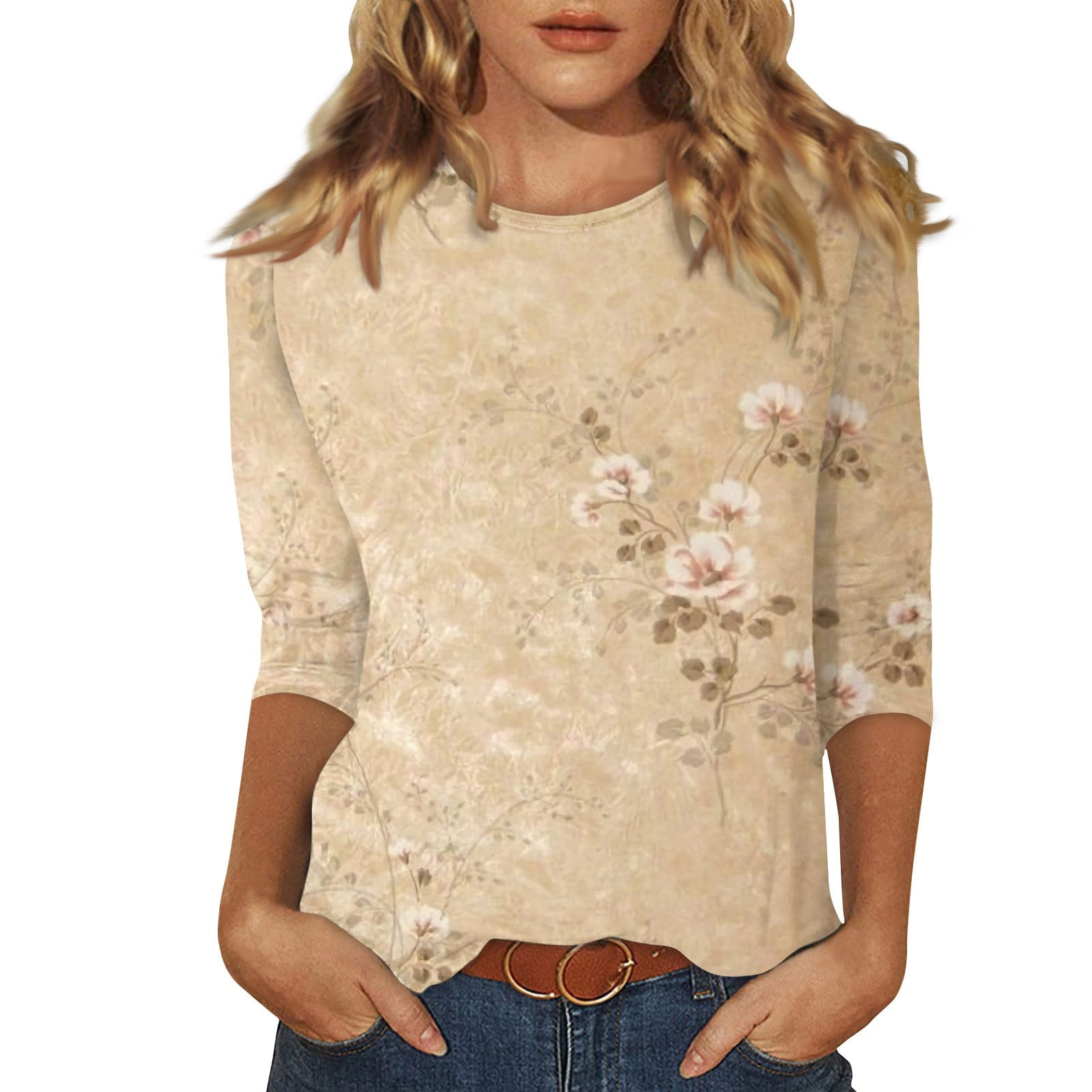 EADINVE Women's Casual 3/4 Sleeve Tunic Top - Loose Fit Round Neck Blouse (Small, Yellow White) - View #2