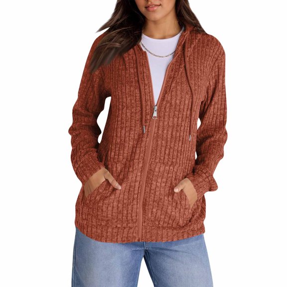 BDPORKAS Sweaters for Women Long Sleeve Knitted Zip up Hoodies Ribbed Jacket Loose Casual Sweatshirts with Pocket