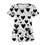 BDPORKAS Valentines Day Comfortable Scrubs Womens Love Heart Y Neck Scrub Top