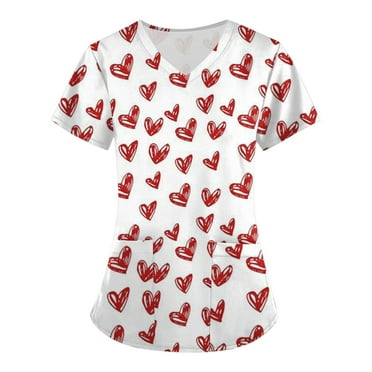 BDPORKAS Valentine's Day Scrub Tops Women 2025 V Neck Style Fun Print V Neck Shirt Top with Pocket