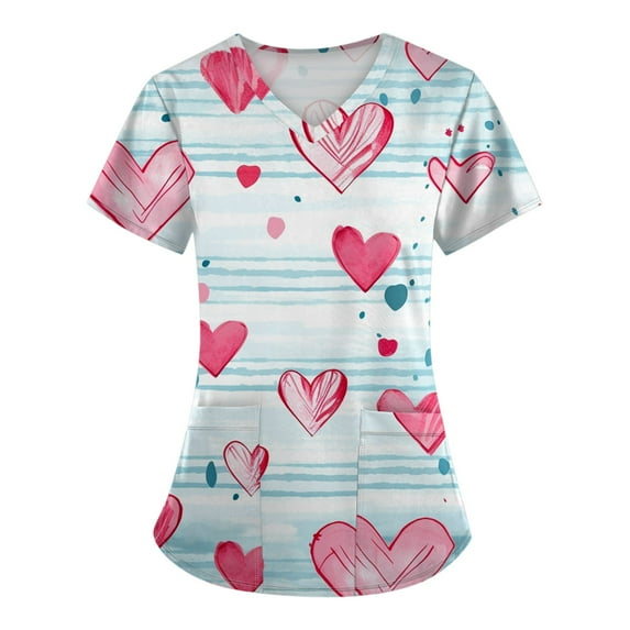 BDPORKAS Valentine's Day Scrub Tops Women Floral Print Scrub Tops Plus Size Stretch Nursing Tops Soft Nurse Uniform Overalls with Pockets