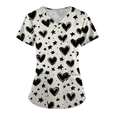 BDPORKAS Valentine's Day Scrub Tops Women Floral Print Scrub Tops Plus Size Stretch Nursing Tops Soft Nurse Uniform Overalls with Pockets