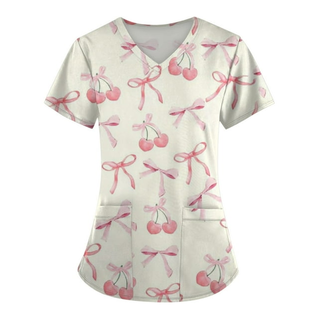 BDPORKAS Valentine's Day Scrub Tops for Women V Neck Scrubs Working Uniform for Women Pink Bow Print Petite Short Sleeve Valentines Blouse Nursing Shirt