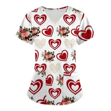 BDPORKAS Valentines Day Scrubs for Women V-Neck Scrub Top Stretch Short Sleeve Cute Printed Holiday Nursing Working Uniforms