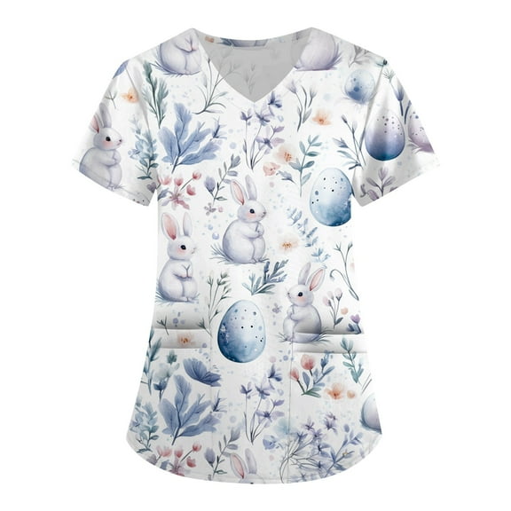 BDPORKAS Women Easter Scrubs Tops Short Sleeve V Neck Nurse Working Uniform Bunny Egg Hunt Print Holiday Medical Scrub Shirts Workwear with Pockets