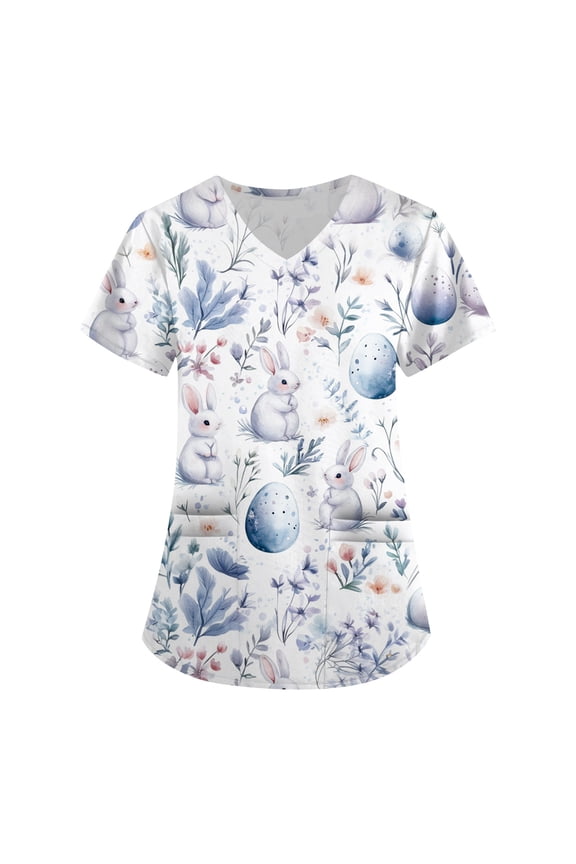 Women Easter Scrubs Tops Short Sleeve V Neck Nurse Working Uniform Bunny Egg Hunt Print Holiday Medical Scrub Shirts Workwear with Pockets